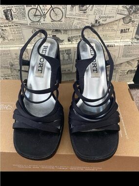 Report Black Strappy Heels Slingback Square Toe Sandals Size 7 Like New